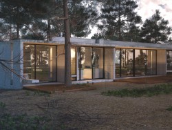 Extérieur d’une villa dans une forêt de conifères