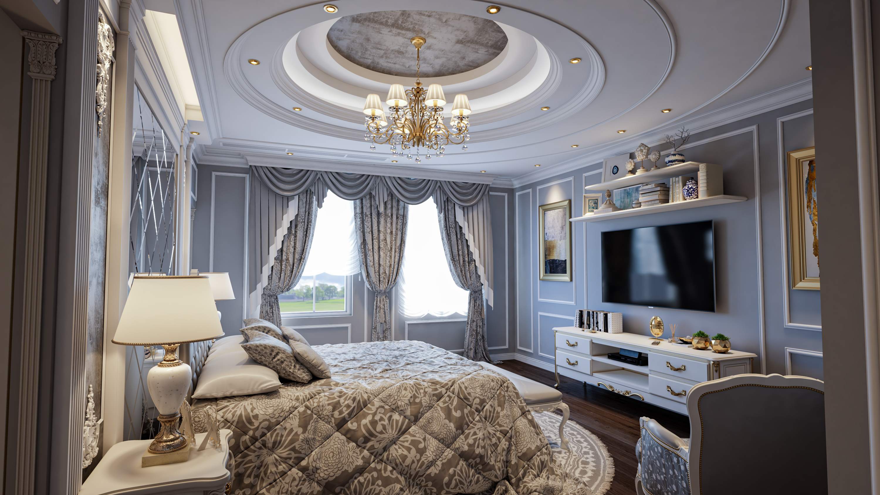 imagen de Dormitorio principal gris y blanco en 3d max vray 3.0