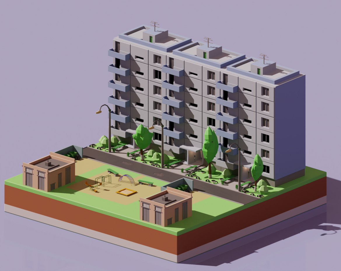 Quartier russe en style isométrique low poly dans Blender cycles render image