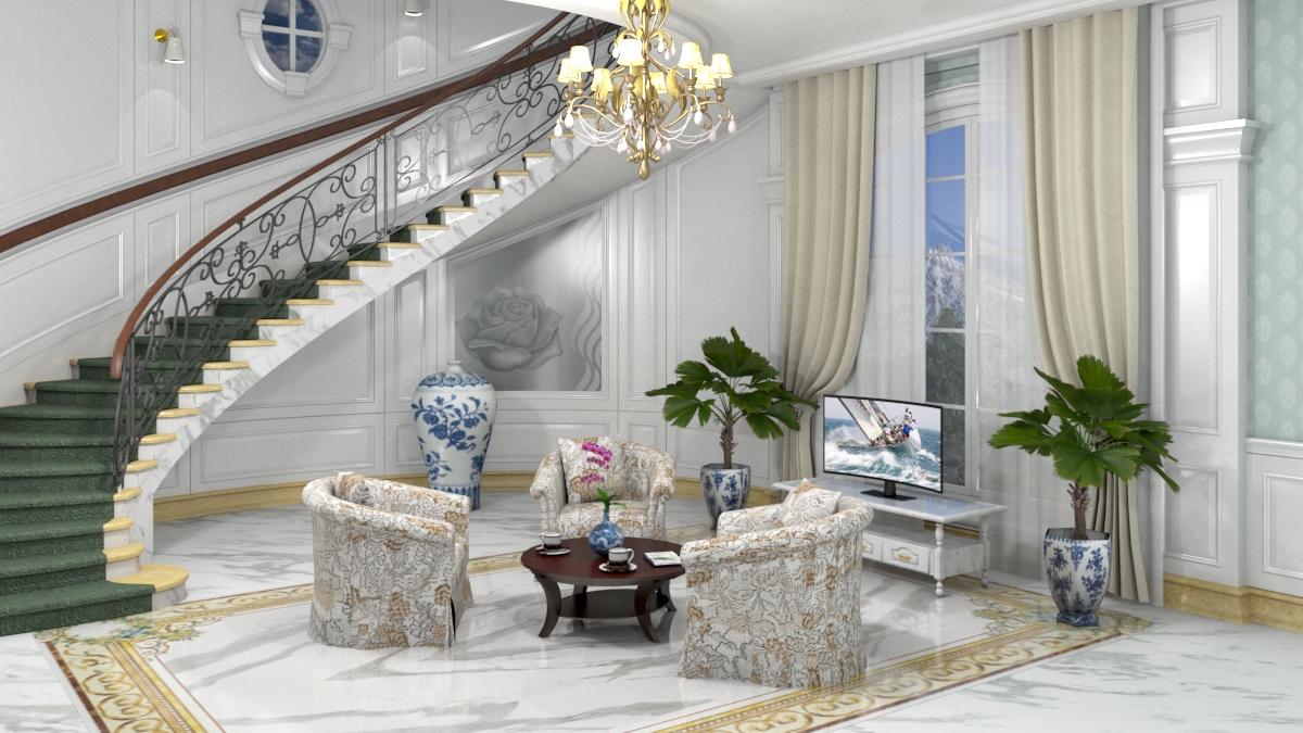 Salon avec un escalier tordu dans SketchUp vray 3.0 image