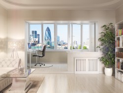 View of a balcony from a room. Warm window glazing