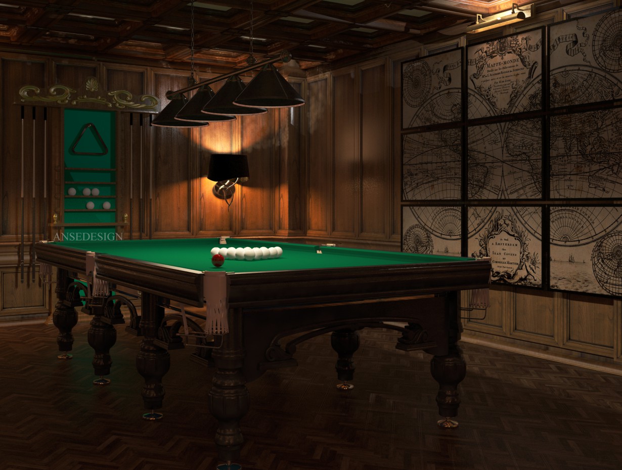 Billiard room in the English style in 3d max vray image