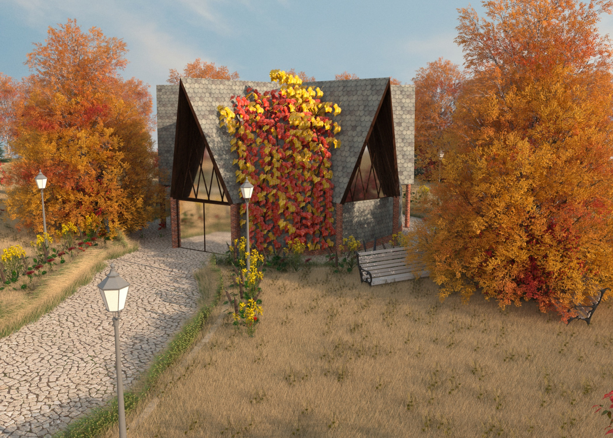 Maison du dôme en automne dans 3d max corona render image