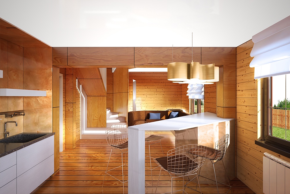 A modern wooden house. Interior and exterior in 3d max corona render image