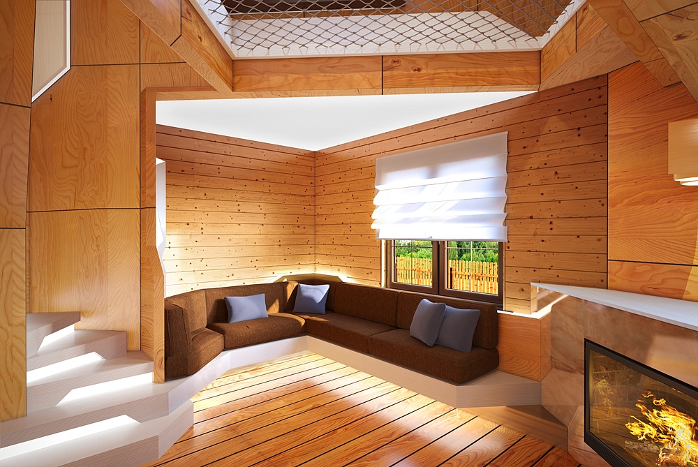 Ein modernes Holzhaus. Innen und außen in 3d max corona render Bild