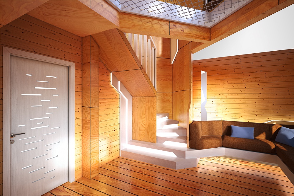 Ein modernes Holzhaus. Innen und außen in 3d max corona render Bild