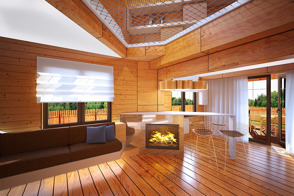 Ein modernes Holzhaus. Innen und außen in 3d max corona render Bild