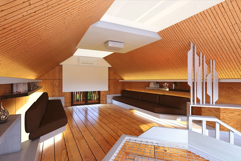 Ein modernes Holzhaus. Innen und außen in 3d max corona render Bild