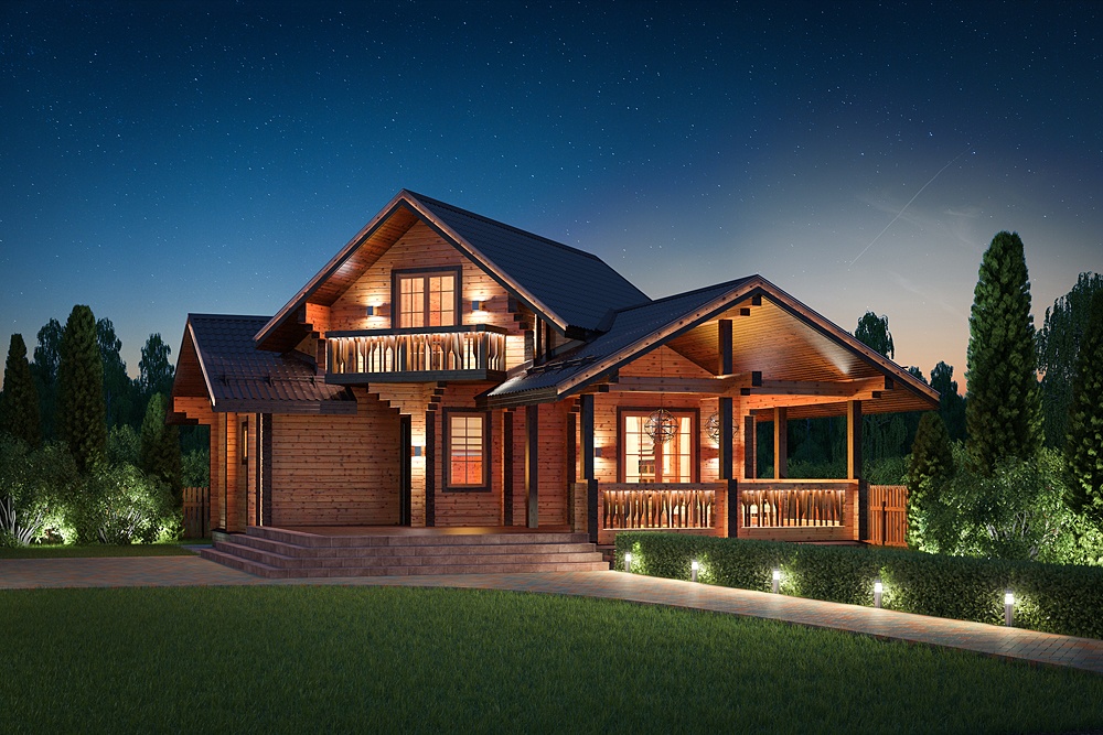 A modern wooden house. Interior and exterior in 3d max corona render image