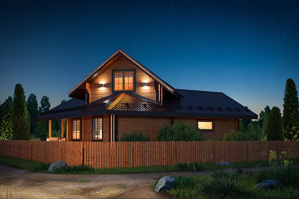 A modern wooden house. Interior and exterior in 3d max corona render image