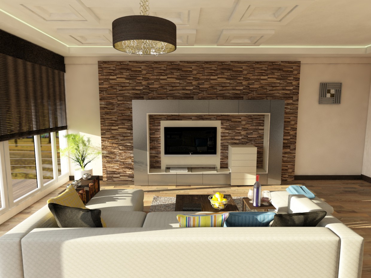 imagen de sala de TV en 3d max vray