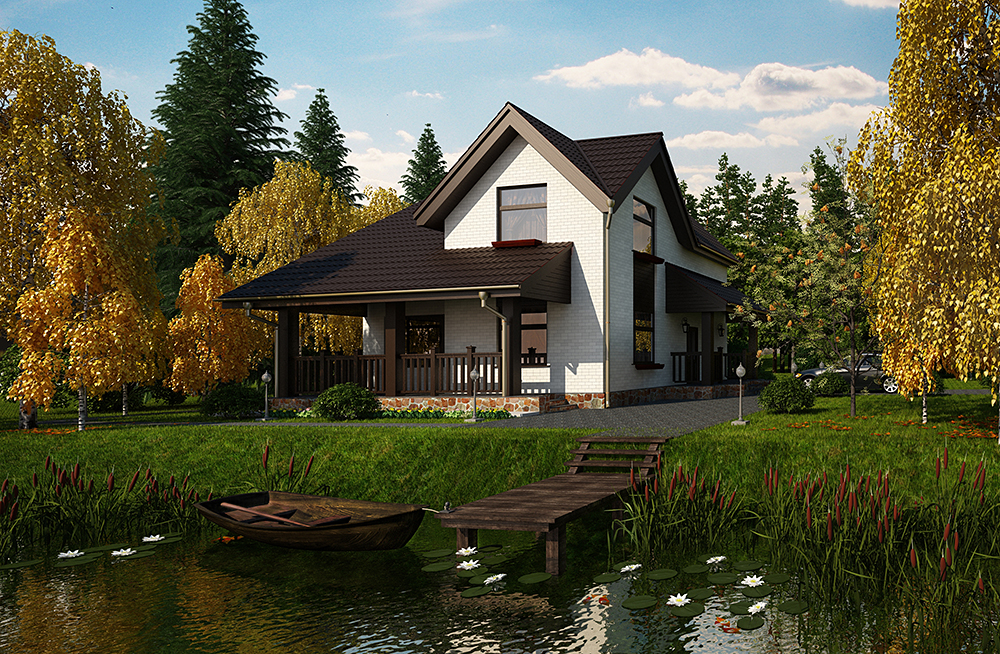 Maison sur la rive du lac dans 3d max corona render image