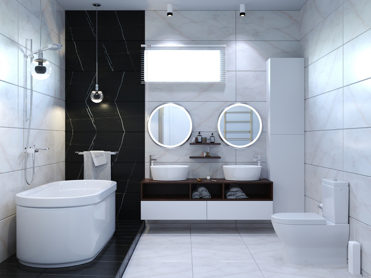 Bathroom design in two versions in 3d max corona render image