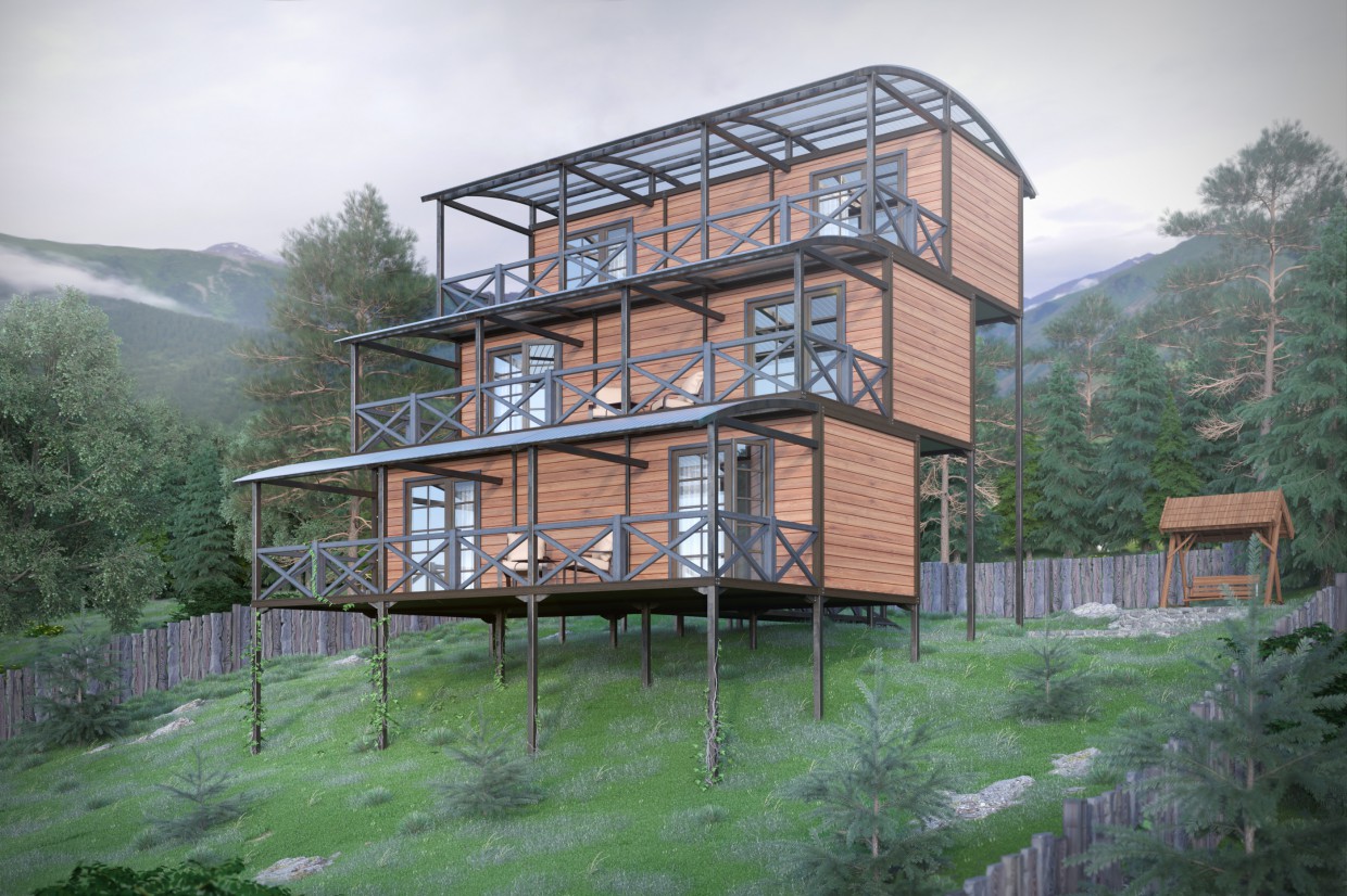 Hostel in the mountains in 3d max corona render image