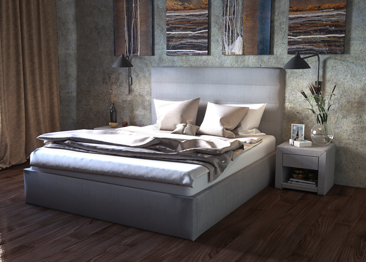 imagen de Cama y mesitas de noche "Opal" en 3d max corona render