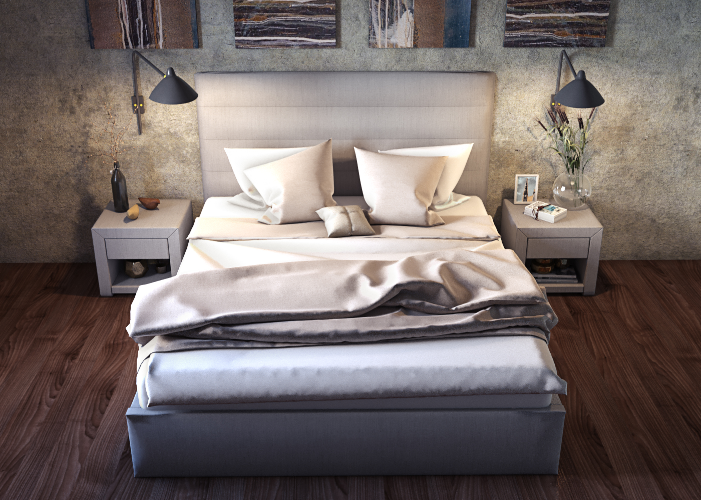 imagen de Cama y mesitas de noche "Opal" en 3d max corona render