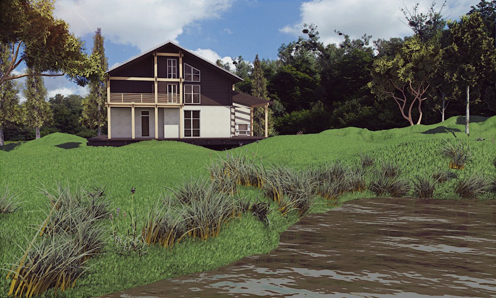 imagen de casa en el bosque en 3d max vray