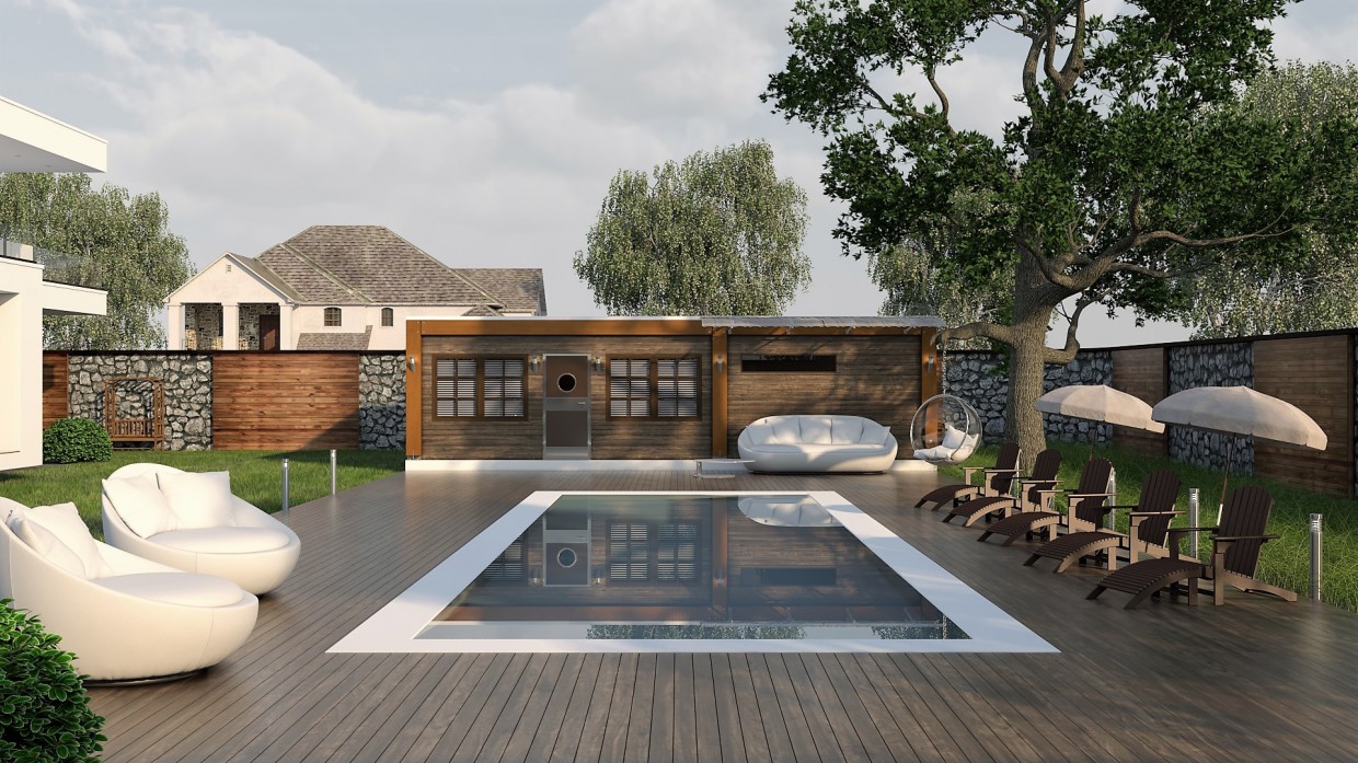 Sauna com piscina no quintal em 3d max vray 3.0 imagem