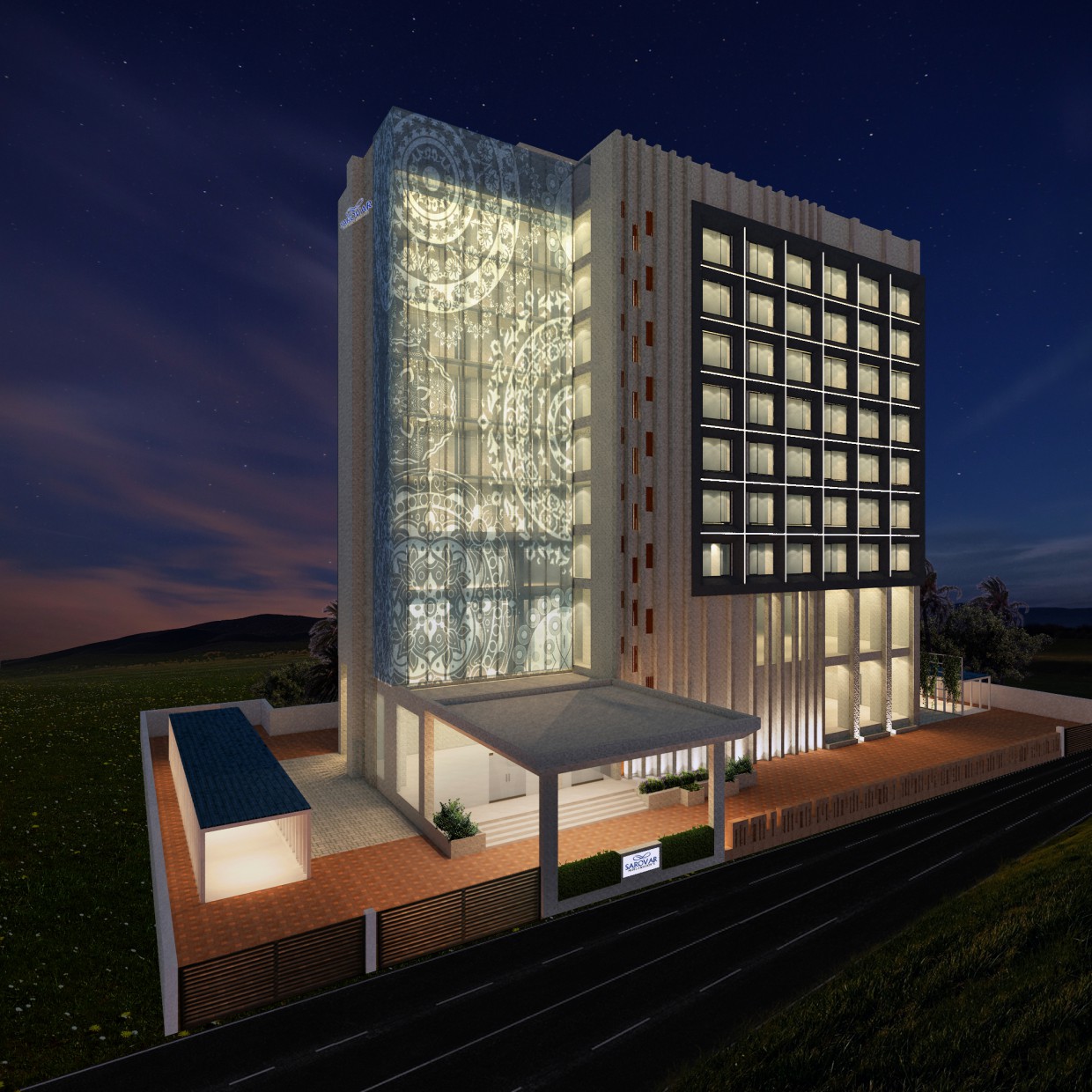 Exterior View with traditional pattern at glass facade. in SketchUp vray 3.0 image