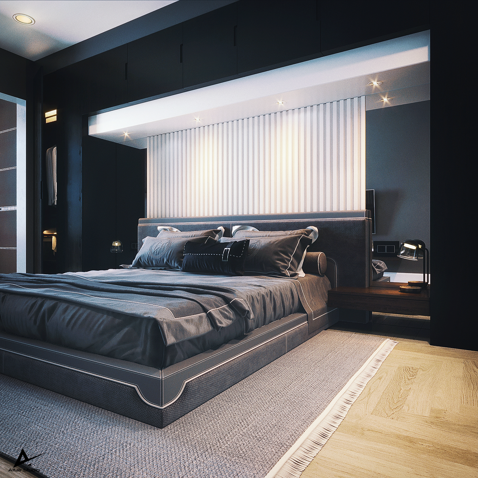 imagen de Dormitorio oscuro moderno en 3d max corona render