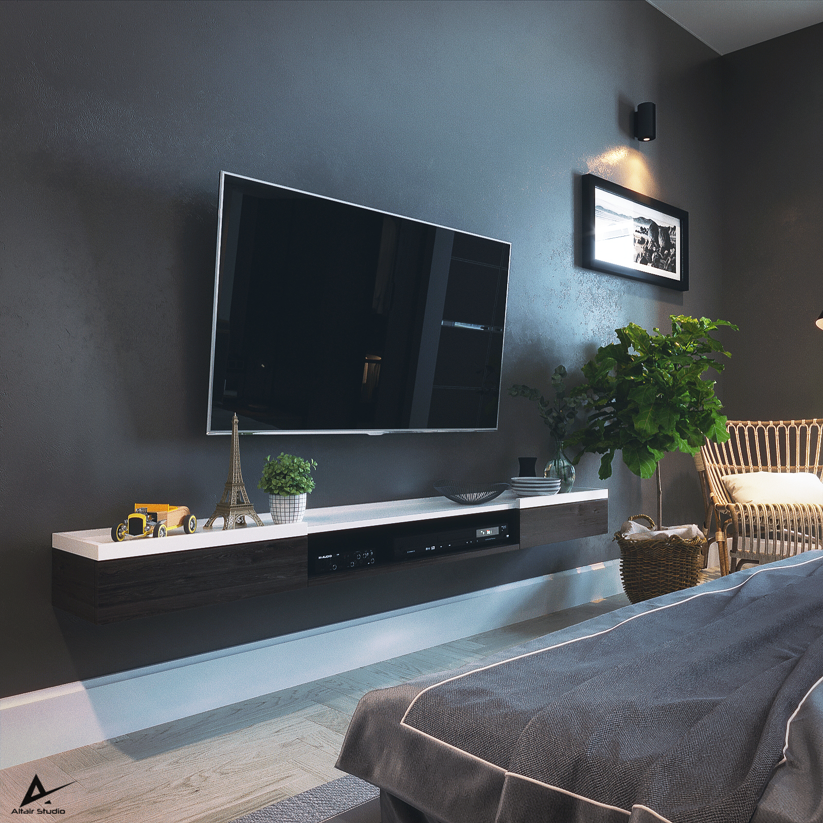 imagen de Dormitorio oscuro moderno en 3d max corona render