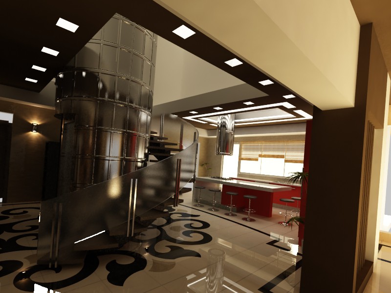 imagen de vestíbulo y cocina en 3d max vray