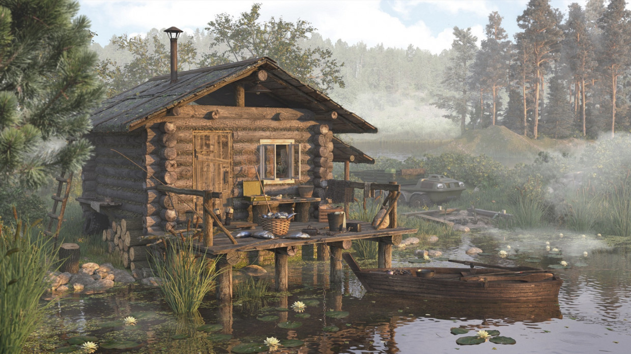 Cabana do pescador no lago em 3d max corona render imagem