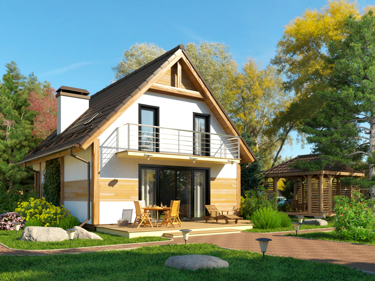 Visualization of the cottage by reference in 3d max corona render image