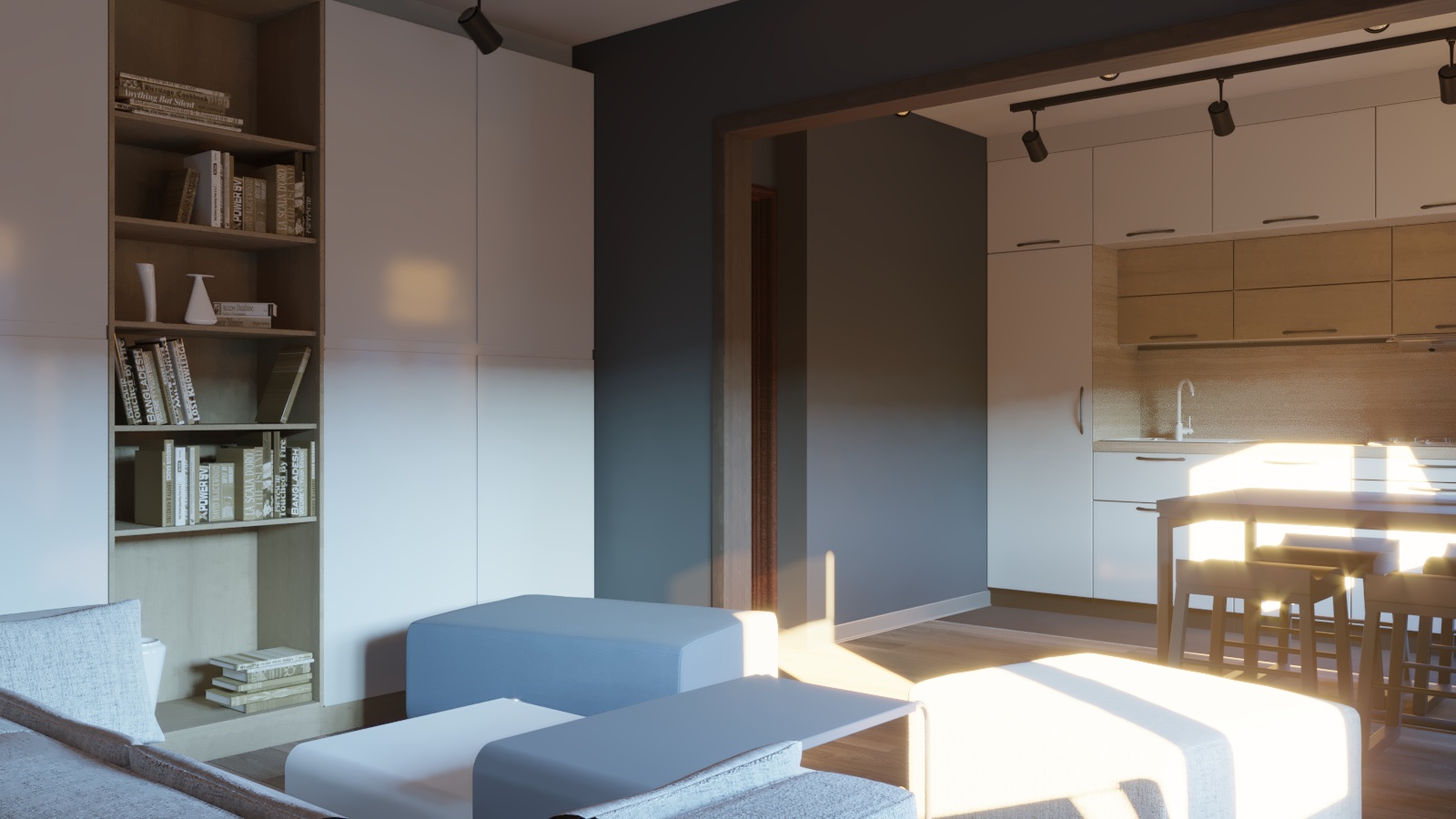 Küche mit kleinem Wohnzimmer in 3d max corona render Bild