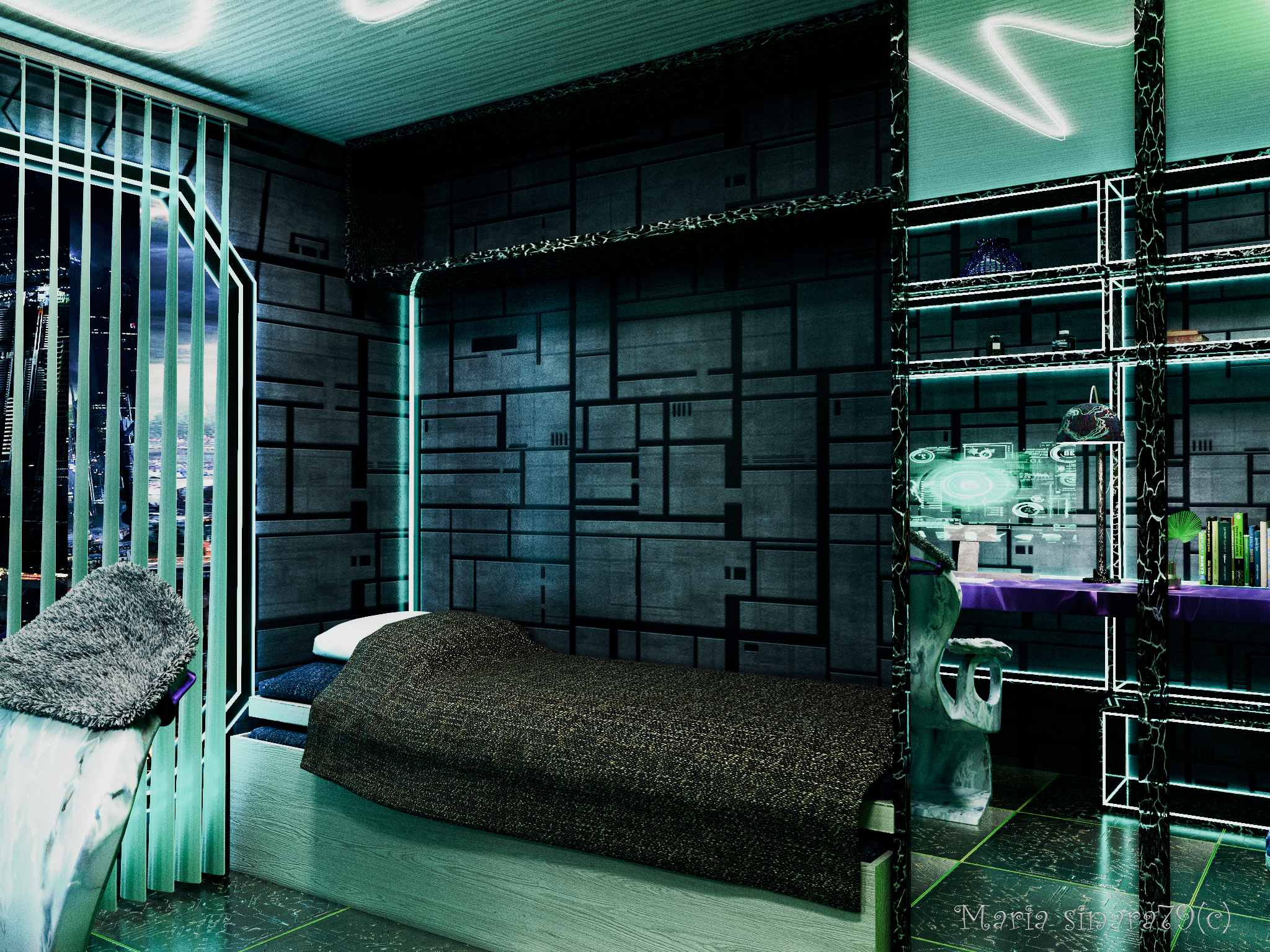 room for a teenager with cyberpunk elements in 3d max corona render image