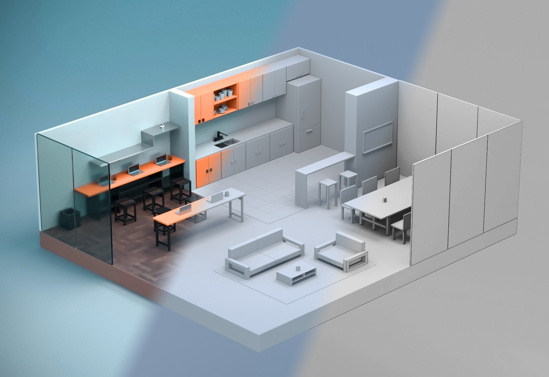 sala poli baixa em Cinema 4d corona render imagem