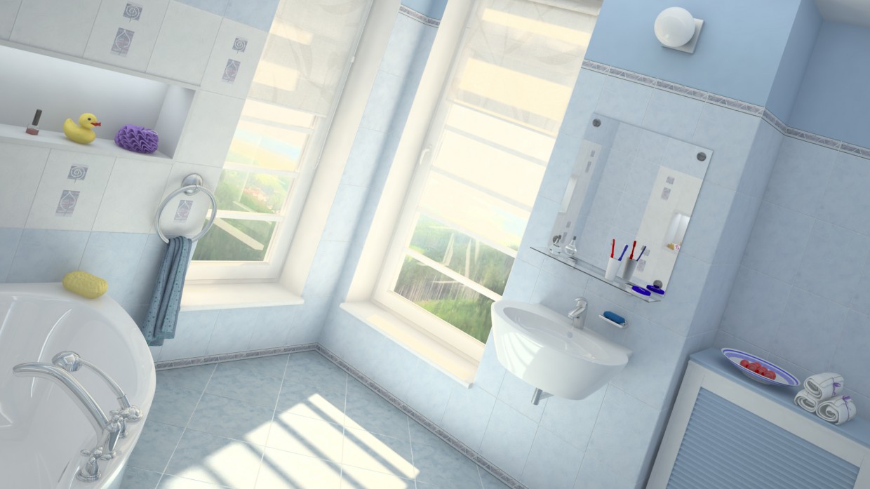 Blue bathroom in Maya vray image