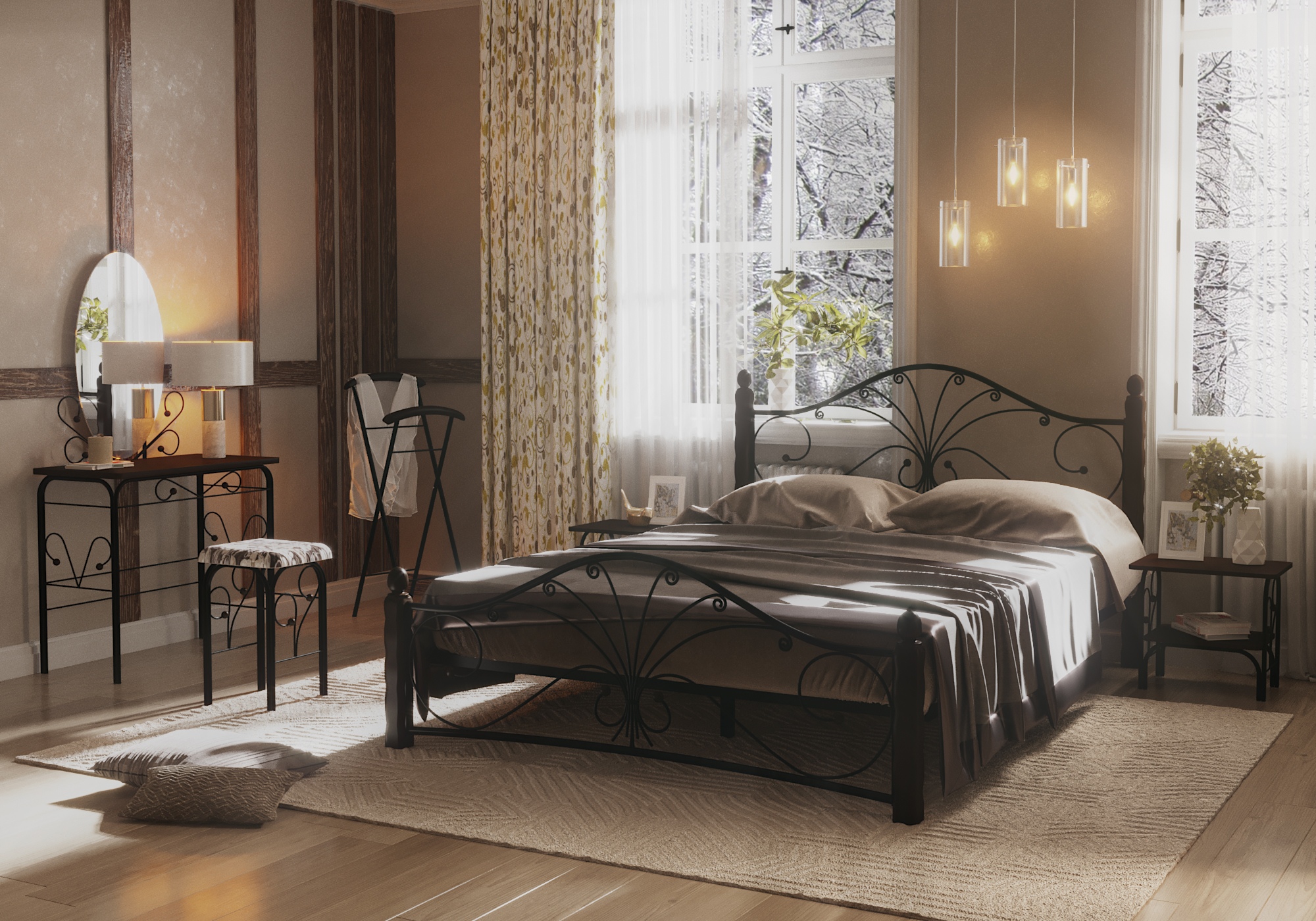 Chambre à coucher, lits forgés dans 3d max corona render image