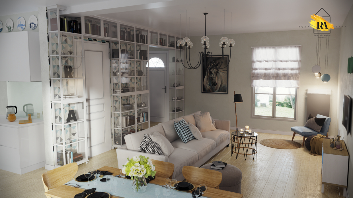 Sky-gentle dining-living room. in 3d max corona render image