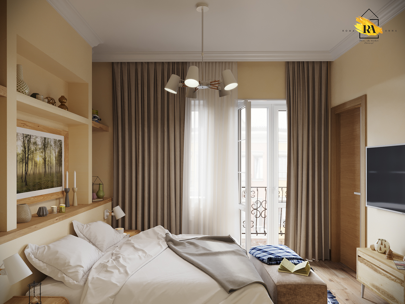 Gentle and comfortable bedroom in 3d max corona render image