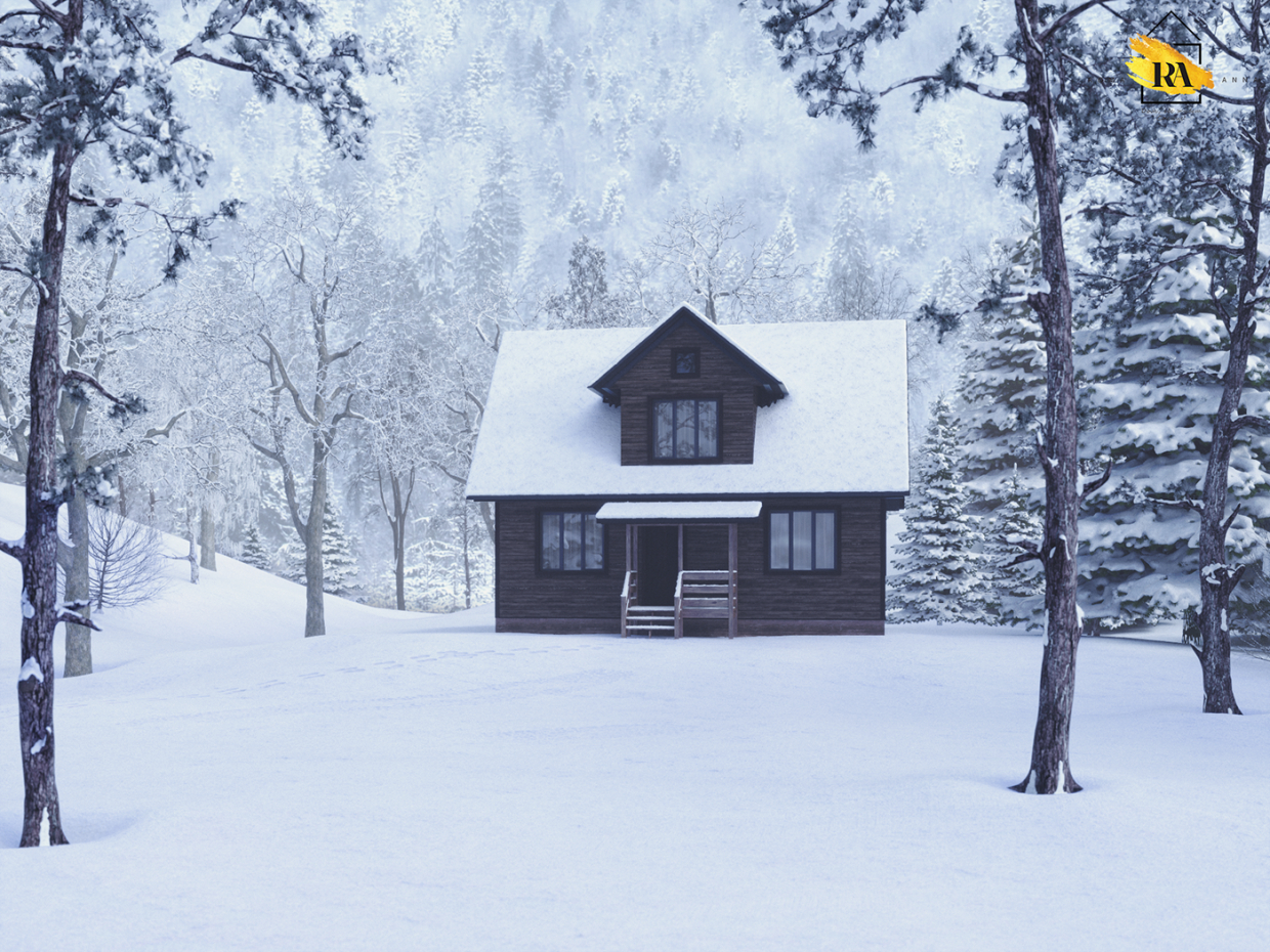 House in the winter forest in 3d max corona render image