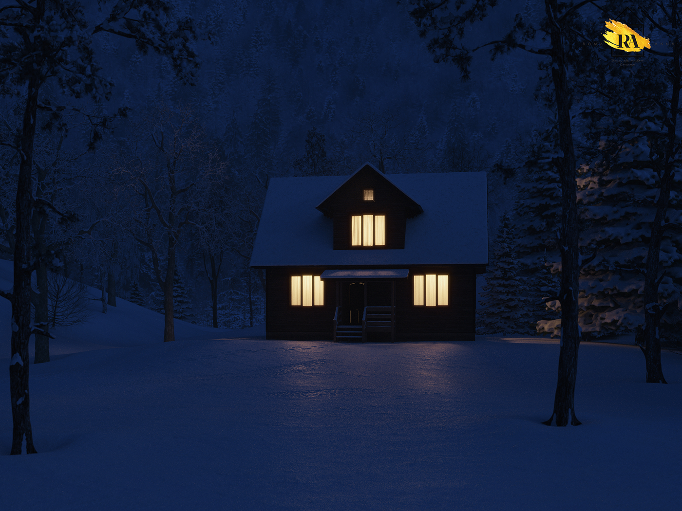 imagen de Casa en el bosque de invierno en 3d max corona render