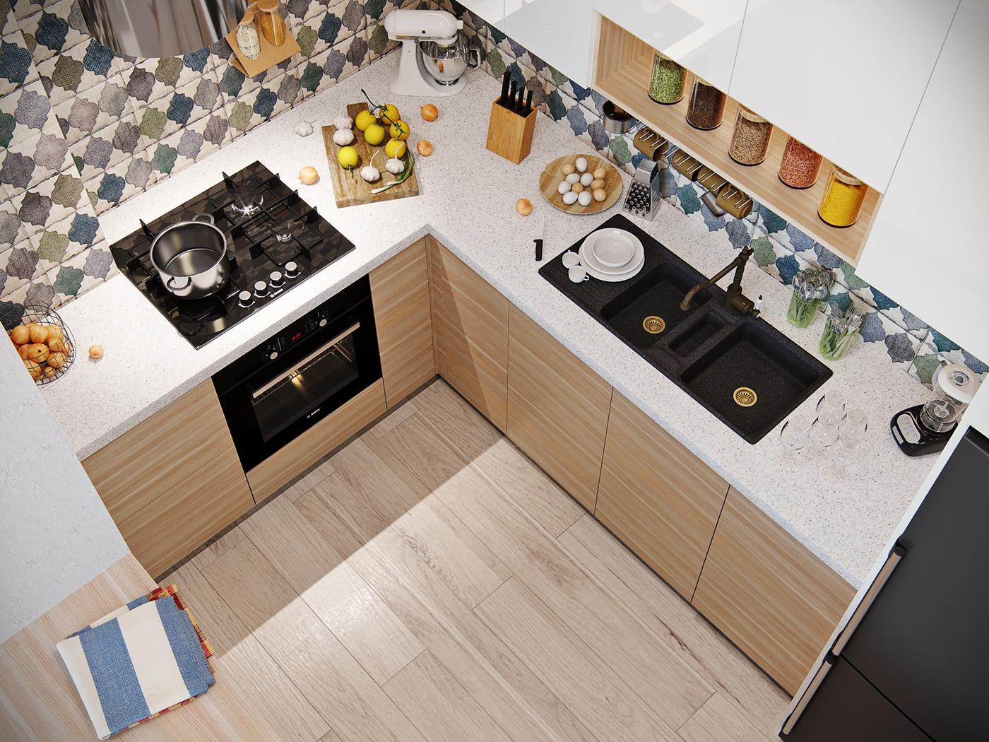 Cucina. Layout gratuito con restrizioni severe. Città di Tbilisi in 3d max corona render immagine