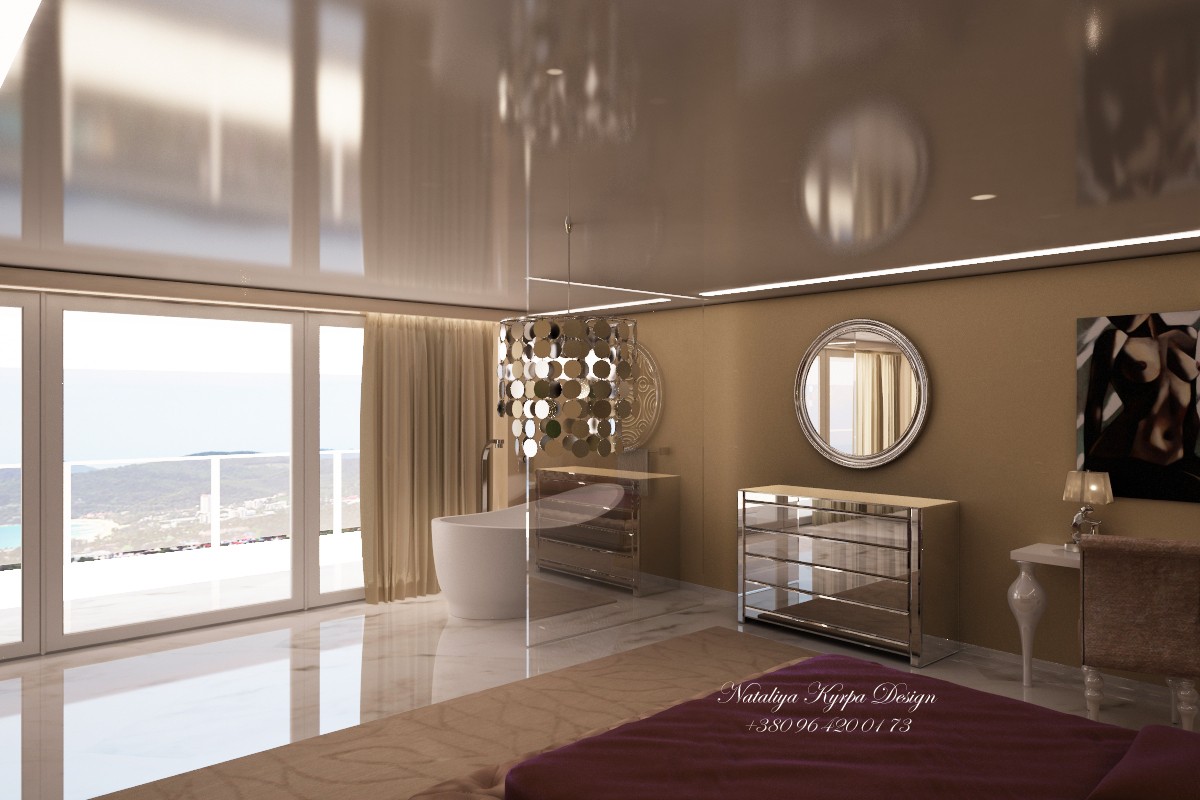 Camera da letto con vista mare in 3d max vray immagine