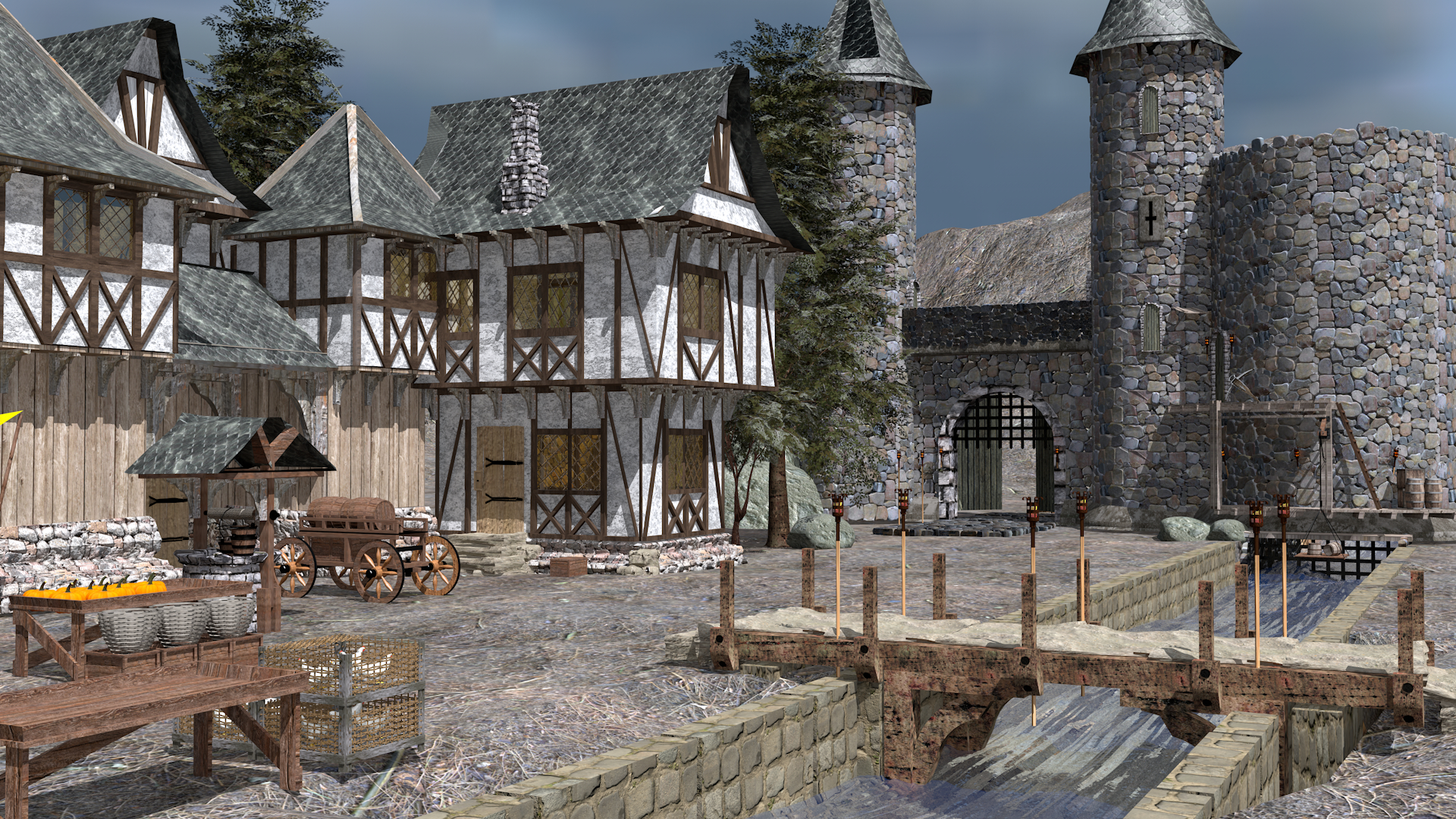 Village médiéval dans Cinema 4d maxwell render image