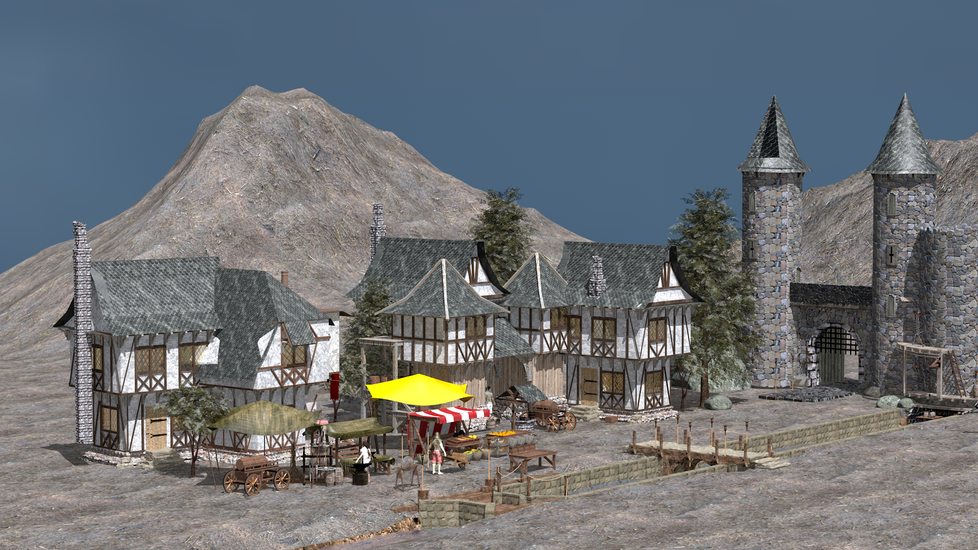 Village médiéval dans Cinema 4d maxwell render image