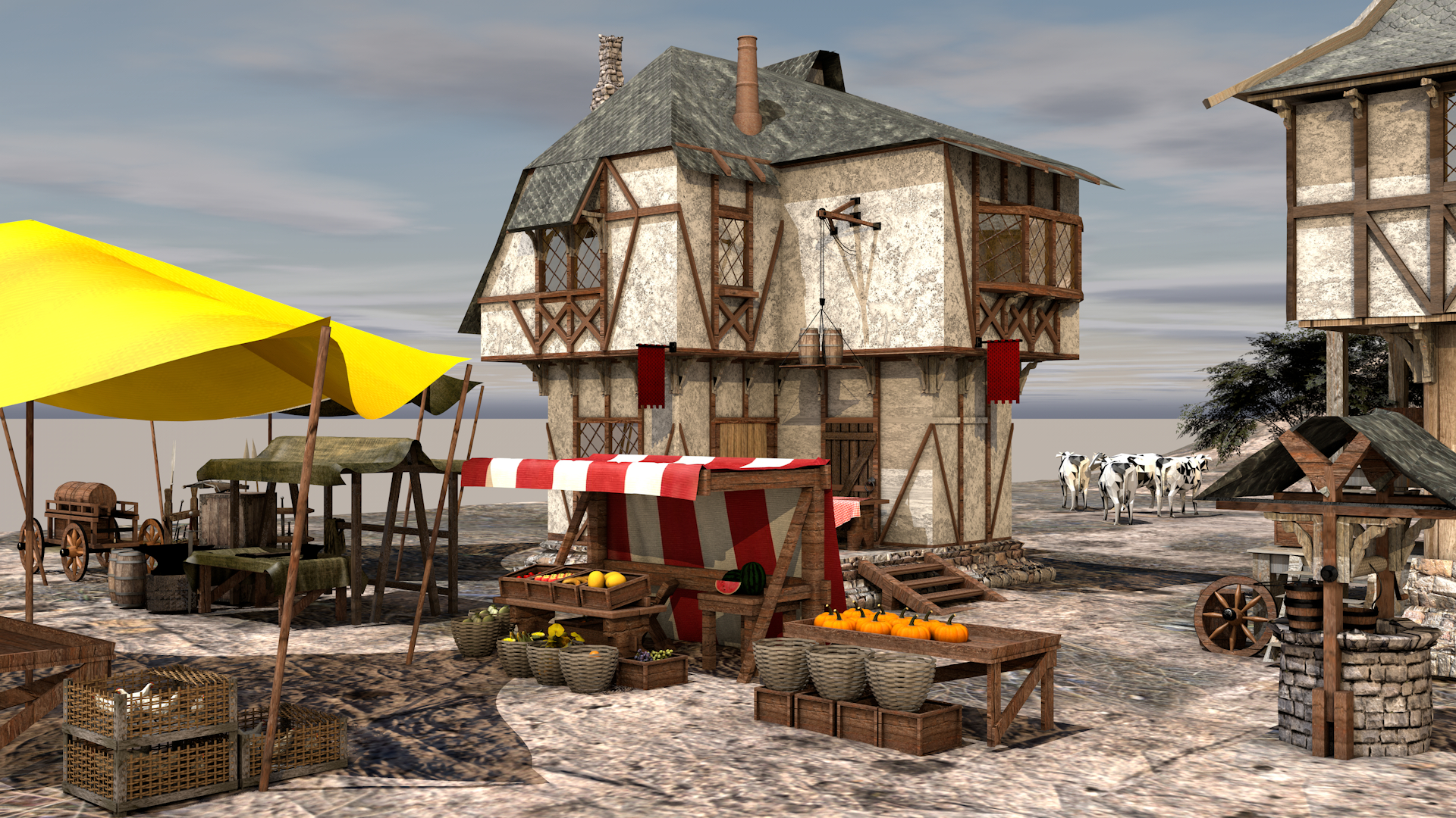 Village médiéval dans Cinema 4d maxwell render image