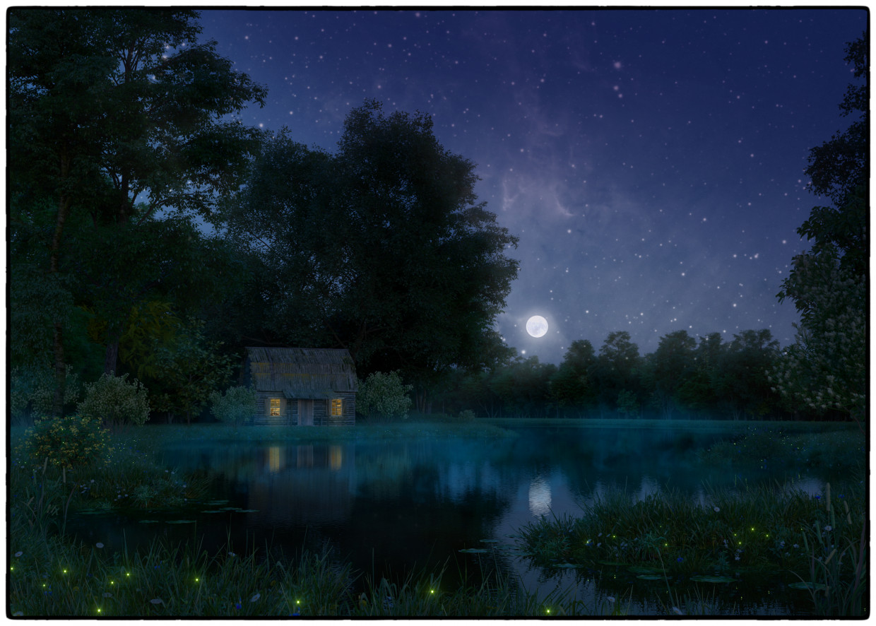 O lago afundou; a floresta está em silêncio ... em 3d max corona render imagem