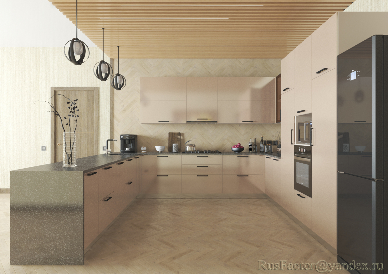 imagen de Gran cocina moderna en forma de U (iluminación diurna y nocturna) en 3d max vray 3.0