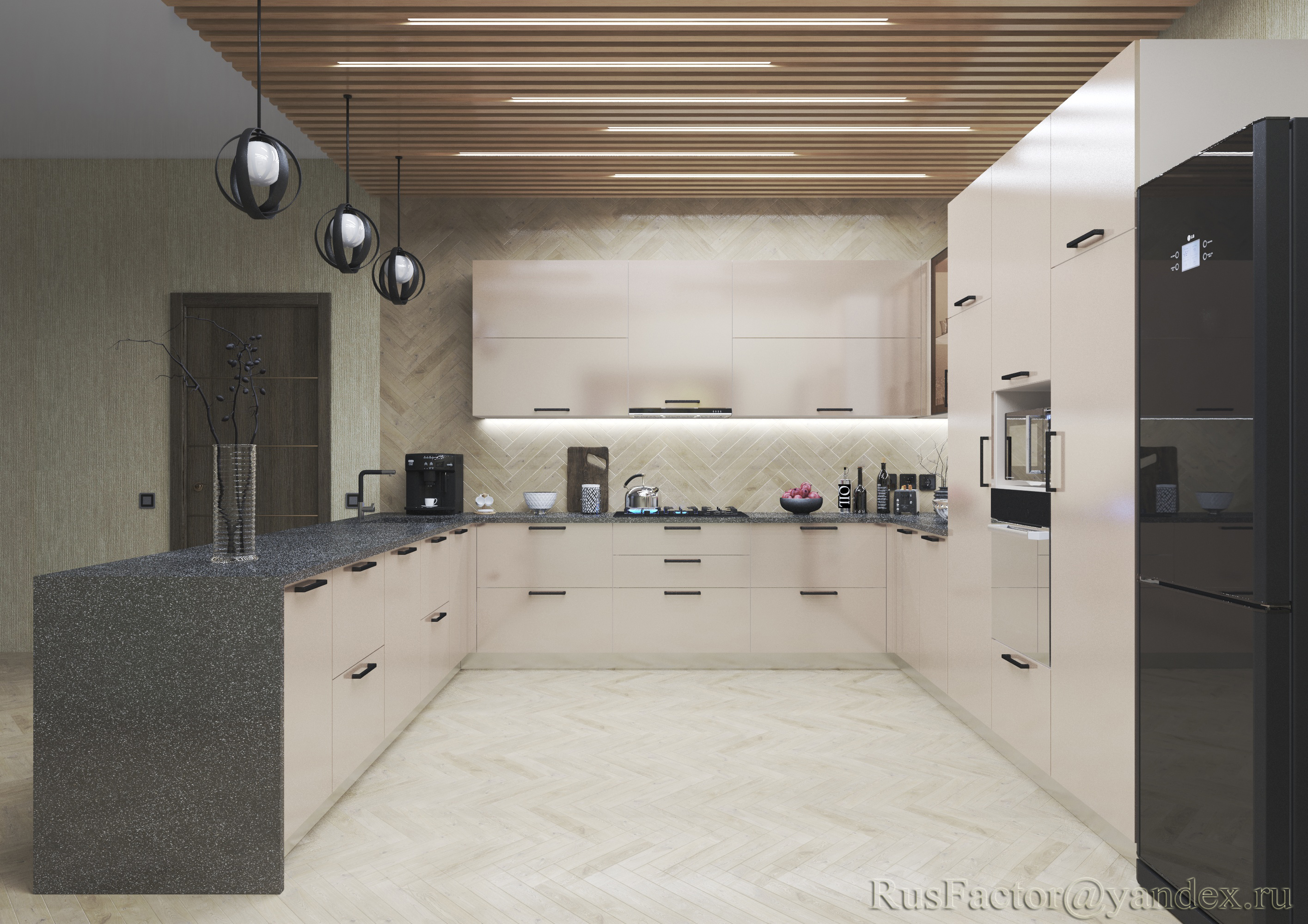 imagen de Gran cocina moderna en forma de U (iluminación diurna y nocturna) en 3d max vray 3.0