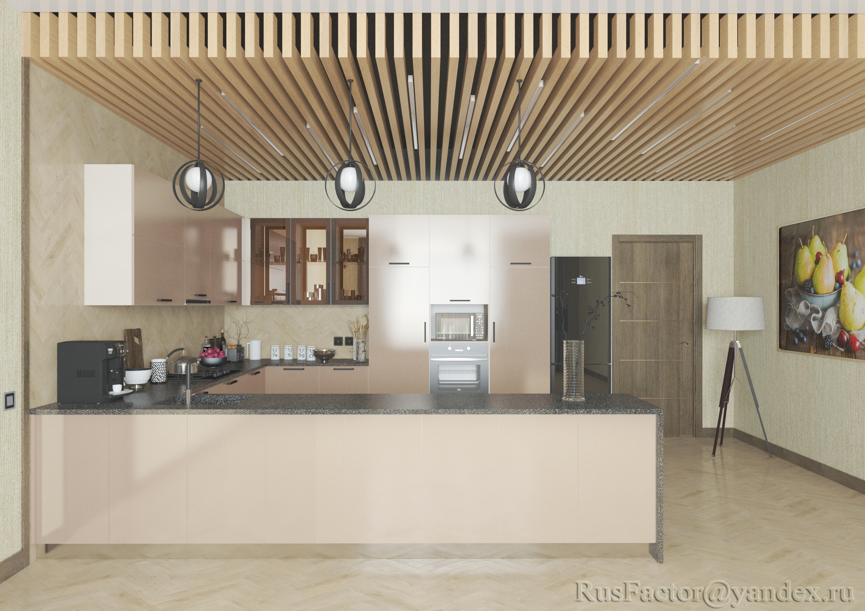 imagen de Gran cocina moderna en forma de U (iluminación diurna y nocturna) en 3d max vray 3.0