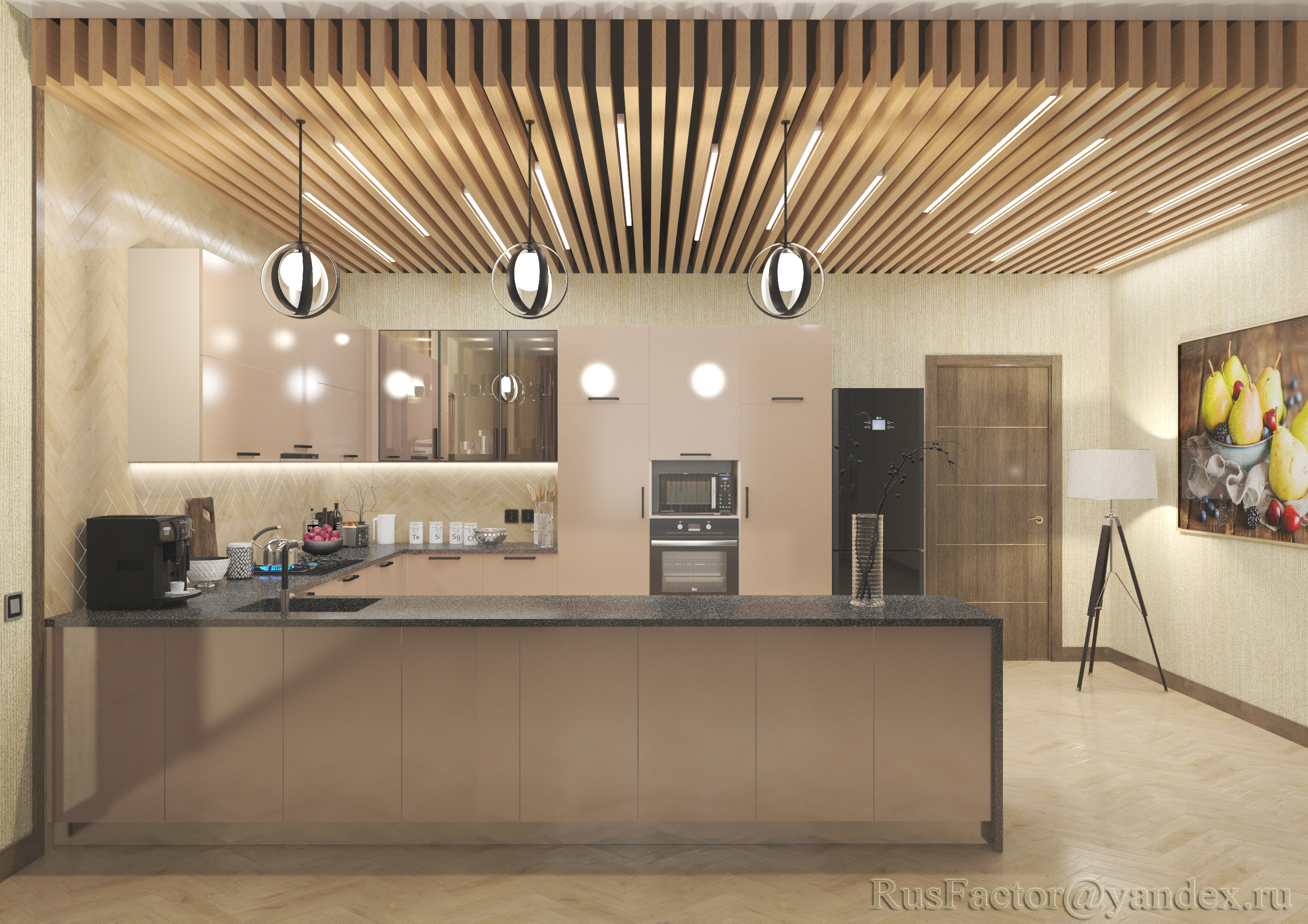 imagen de Gran cocina moderna en forma de U (iluminación diurna y nocturna) en 3d max vray 3.0