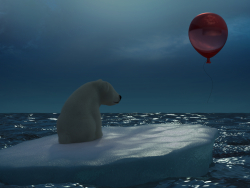 Oso polar con un globo rojo