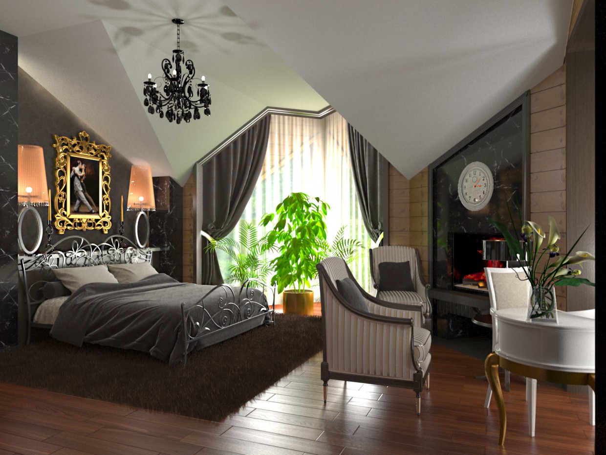 chambre à coucher dans un chalet en rondins de dans 3d max corona render image