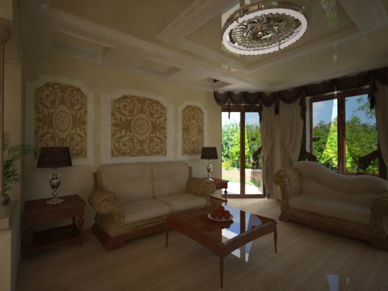 kitchen with dining room and living room in a house in 3d max vray image